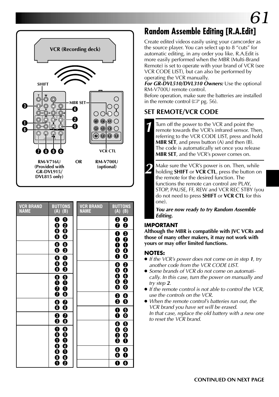 Random assemble editing [r.a.edit, Set remote/vcr code | JVC GR-DVL915 User Manual | Page 61 / 92