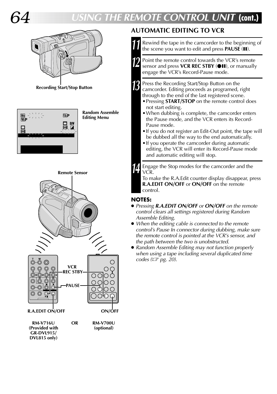 Using the remote control unit, Cont.) | JVC GR-DVL915 User Manual | Page 64 / 92