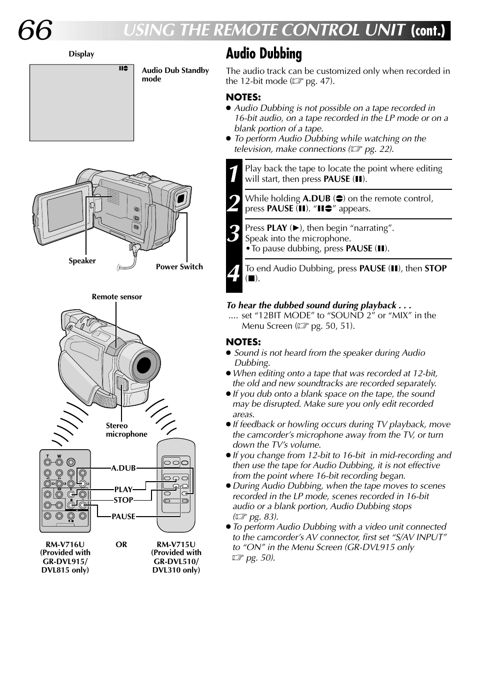 Using the remote control unit, Cont.), Audio dubbing | JVC GR-DVL915 User Manual | Page 66 / 92