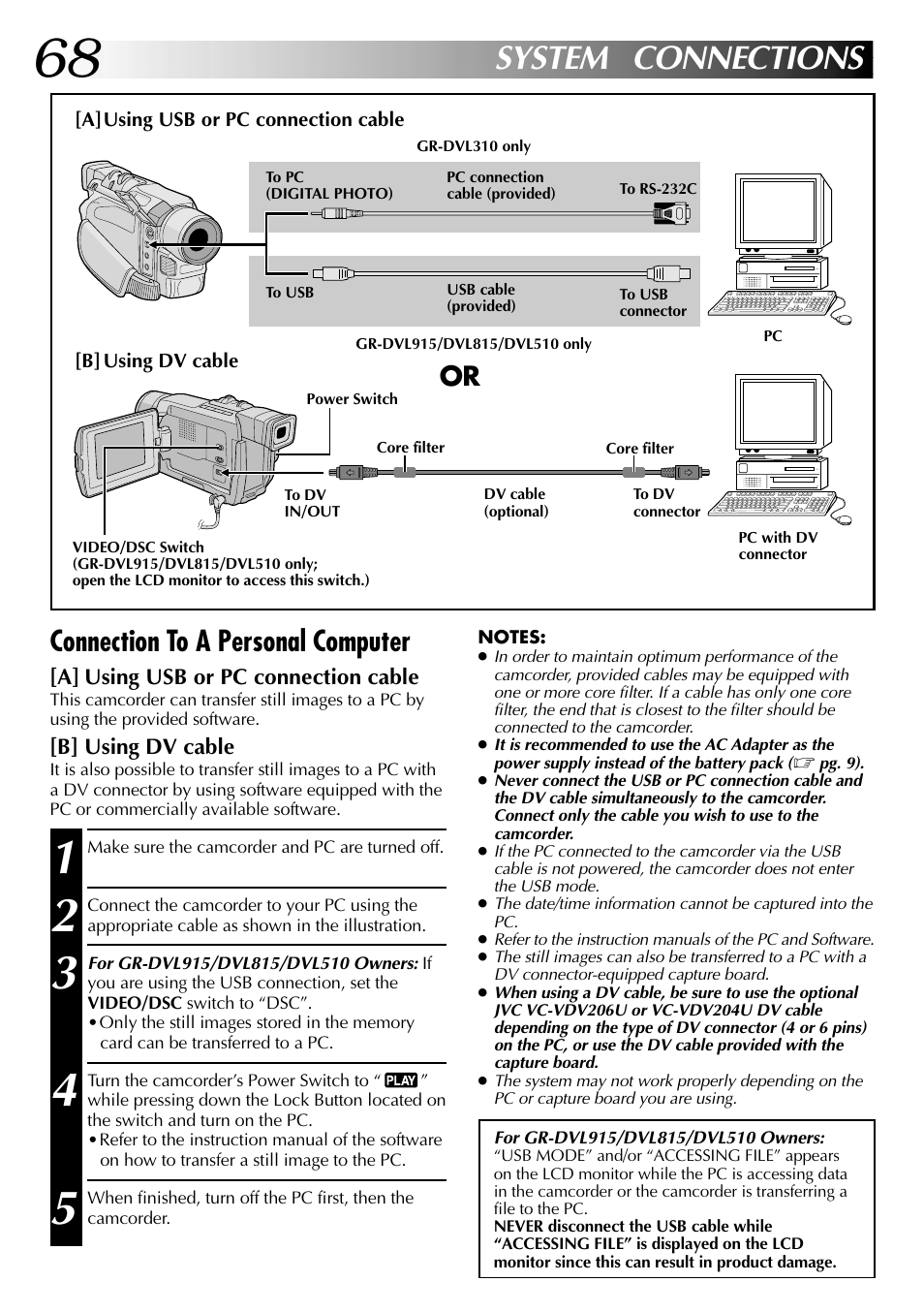 System connections, Connection to a personal computer | JVC GR-DVL915 User Manual | Page 68 / 92