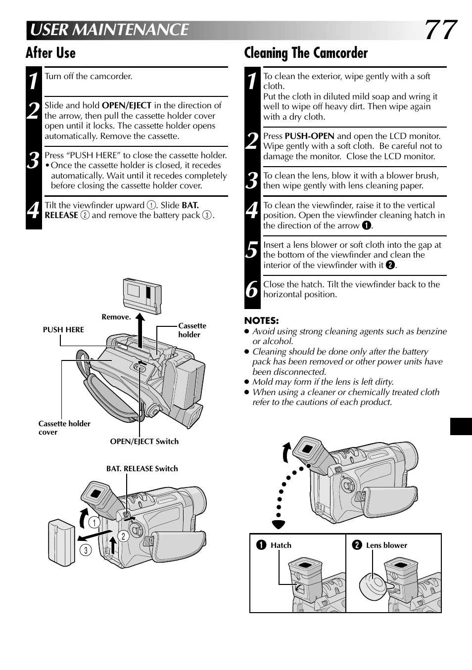 User maintenance, Cleaning the camcorder, After use | JVC GR-DVL915 User Manual | Page 77 / 92