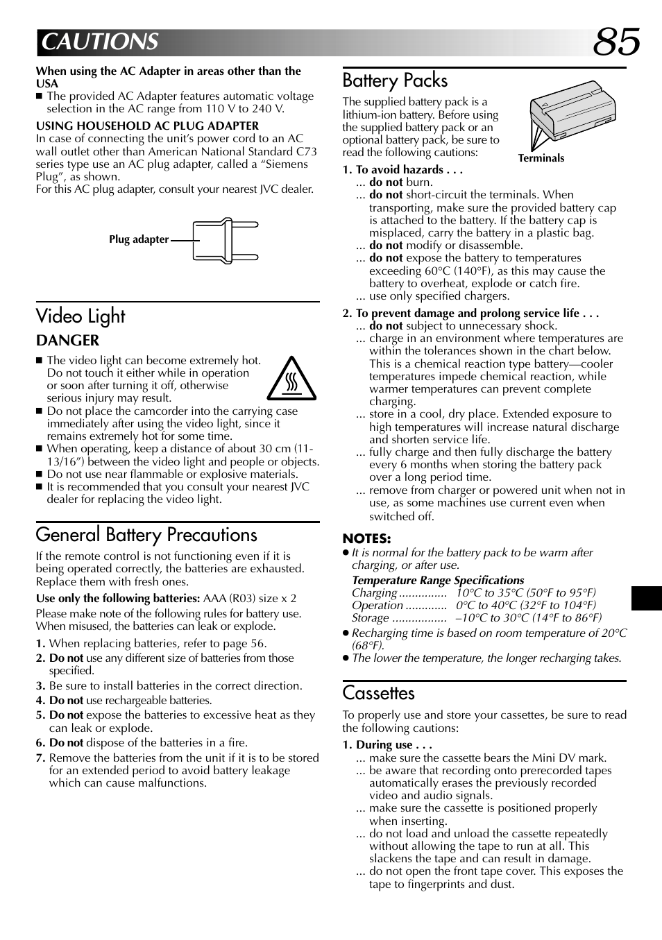 Cautions, Video light, General battery precautions | Battery packs, Cassettes | JVC GR-DVL915 User Manual | Page 85 / 92