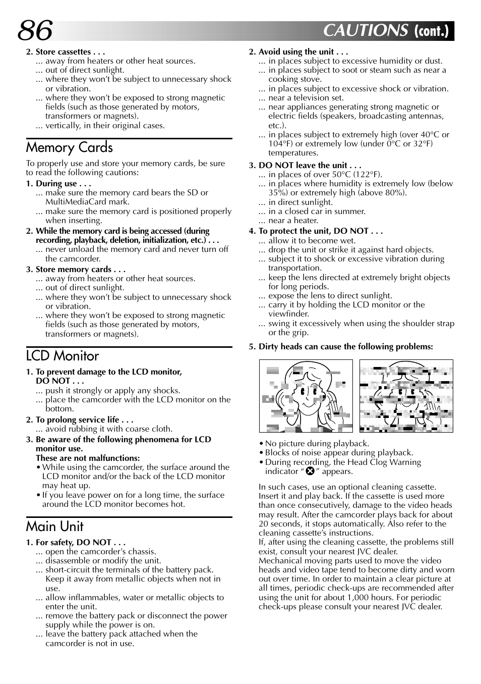 Cautions, Cont.), Lcd monitor | Main unit | JVC GR-DVL915 User Manual | Page 86 / 92