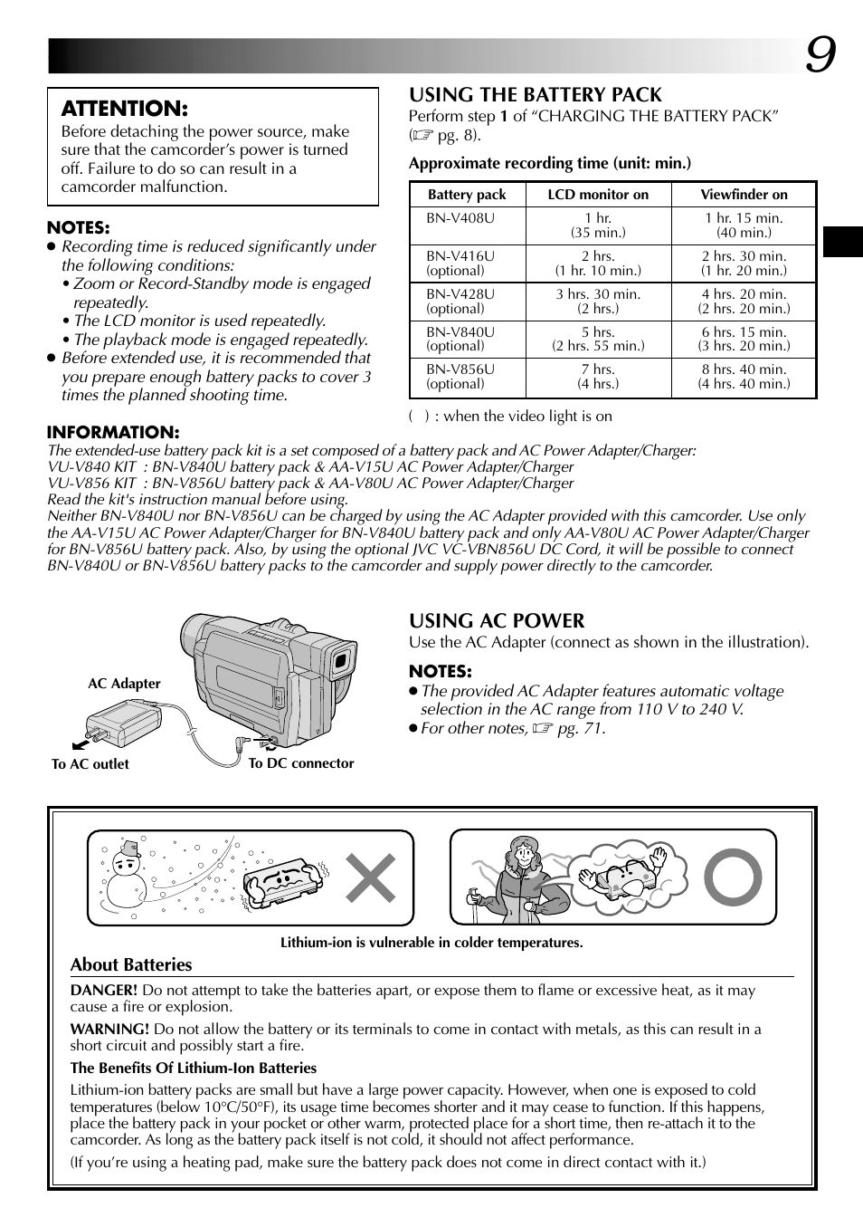 Using ac power, Attention, Using the battery pack | JVC GR-DVL915 User Manual | Page 9 / 92