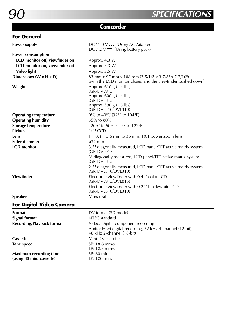 Specifications, Camcorder | JVC GR-DVL915 User Manual | Page 90 / 92