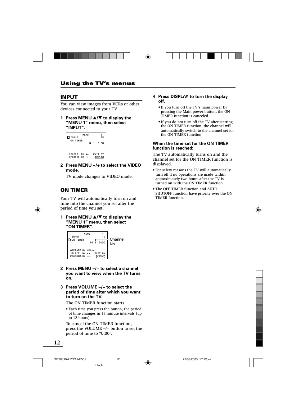 Input, On timer | JVC AV-16N211 User Manual | Page 12 / 20