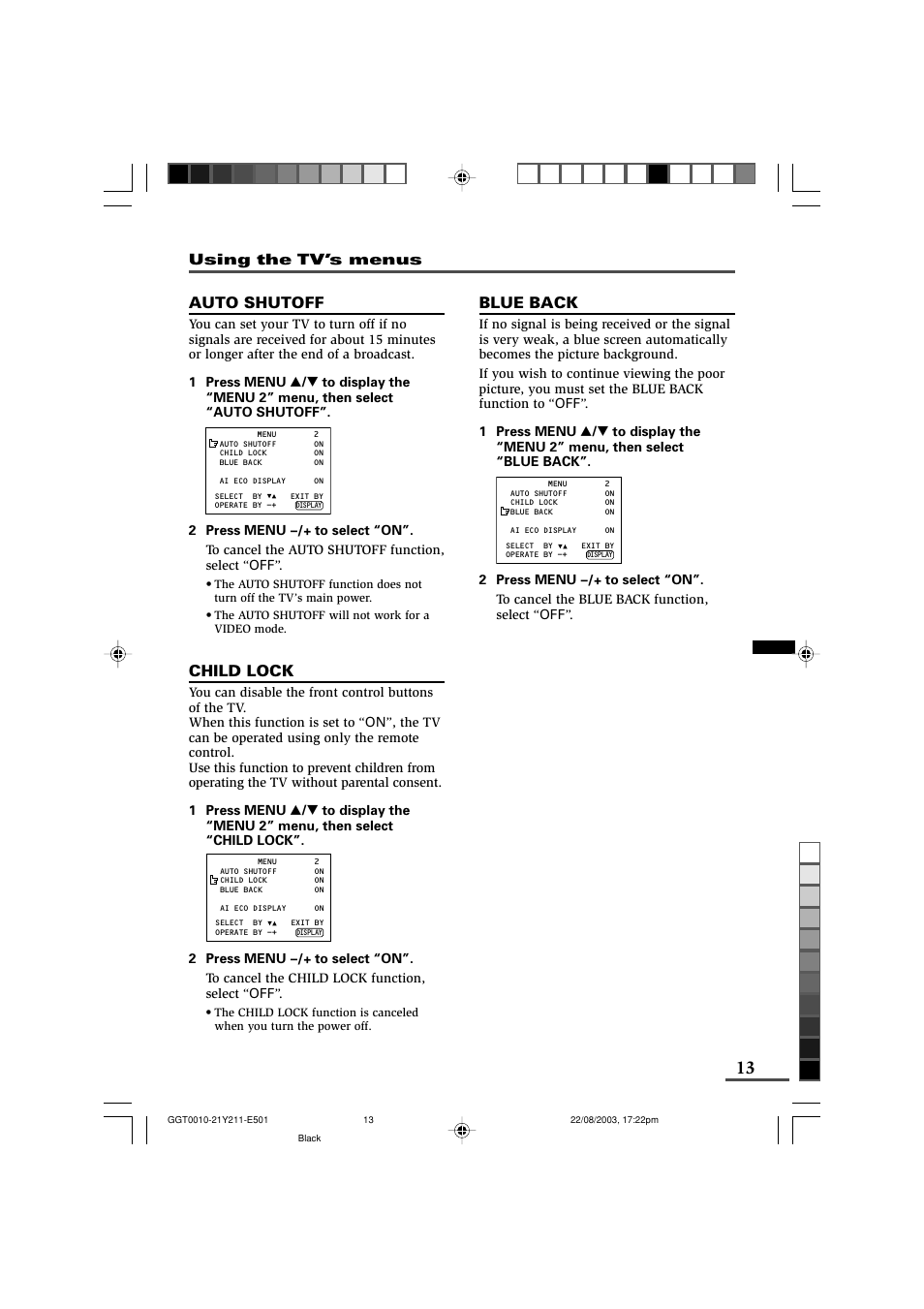 Auto shutoff, Child lock, Blue back | Using the tv’s menus | JVC AV-16N211 User Manual | Page 13 / 20