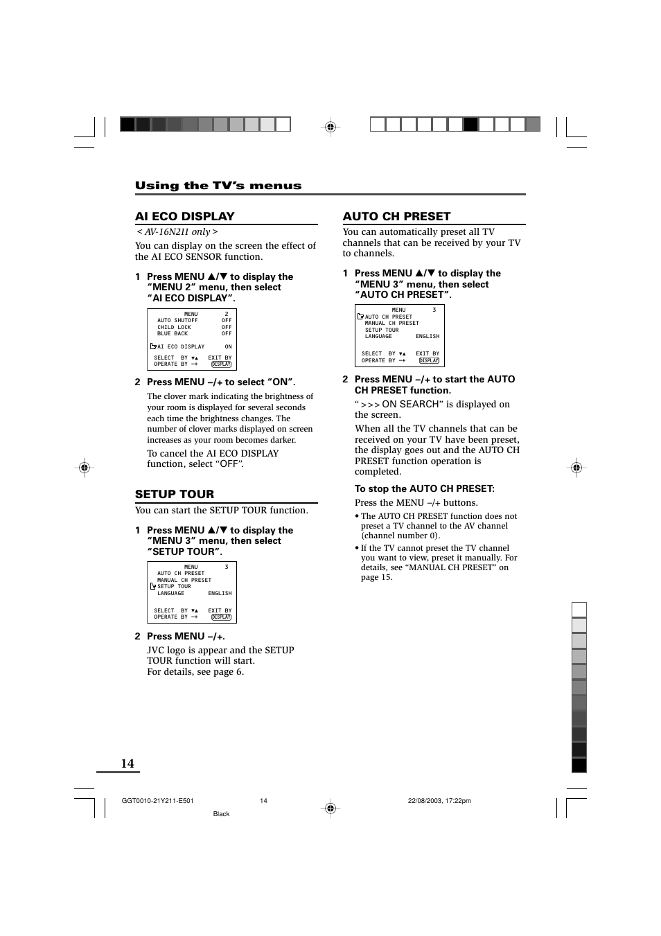 Ai eco display, Setup tour, Auto ch preset | Using the tv’s menus | JVC AV-16N211 User Manual | Page 14 / 20