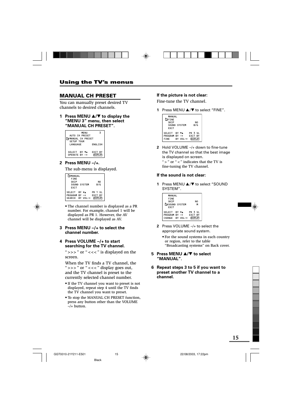 Manual ch preset, Using the tv’s menus | JVC AV-16N211 User Manual | Page 15 / 20