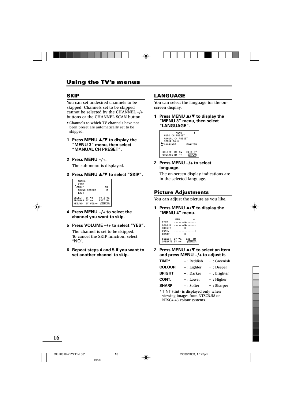 Language, Picture adjustments, Skip | Using the tv’s menus | JVC AV-16N211 User Manual | Page 16 / 20