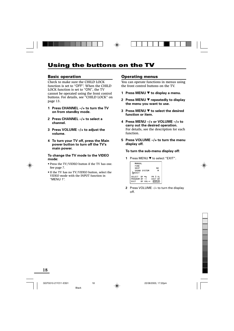 Using the buttons on the tv, Basic operation, Operating menus | JVC AV-16N211 User Manual | Page 18 / 20