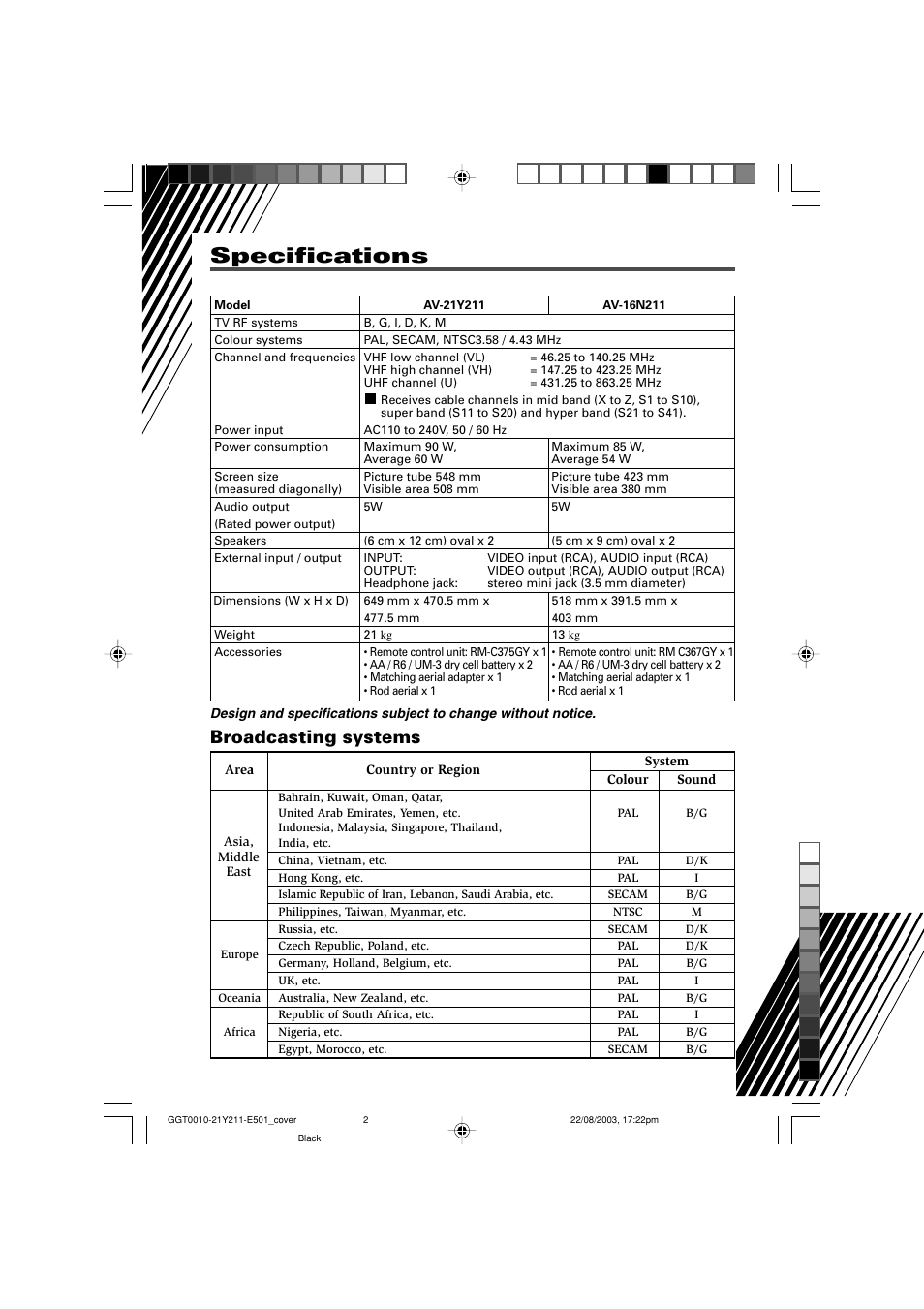 Specifications, Broadcasting systems | JVC AV-16N211 User Manual | Page 20 / 20