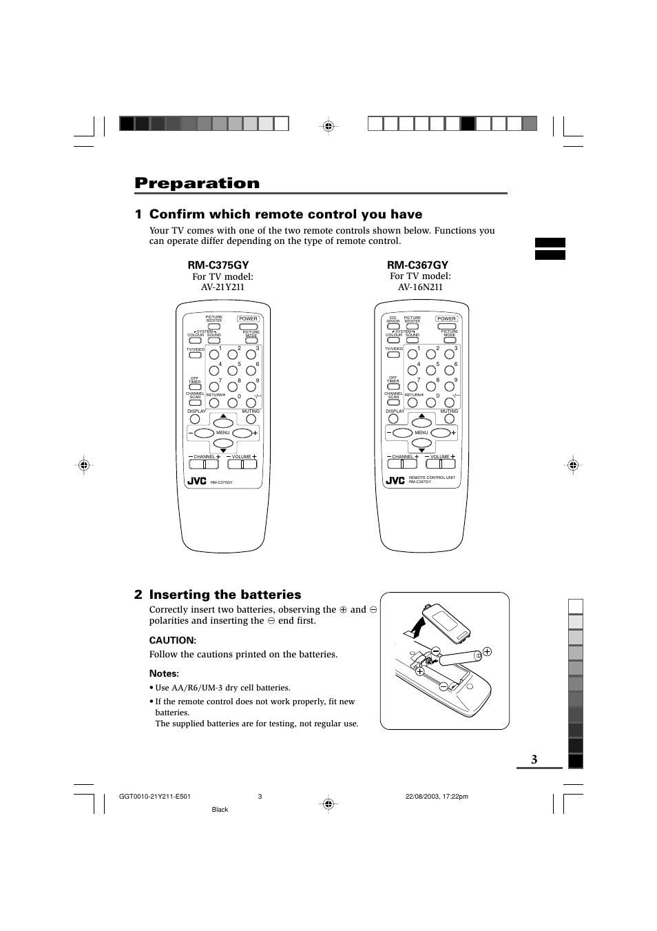 Preparation, 1 confirm which remote control you have, 2 inserting the batteries | Rm-c375gy, Rm-c367gy | JVC AV-16N211 User Manual | Page 3 / 20