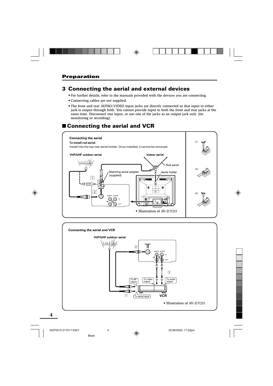 3 connecting the aerial and external devices, Connecting the aerial and vcr, Preparation | Video audio in out 1 2 | JVC AV-16N211 User Manual | Page 4 / 20