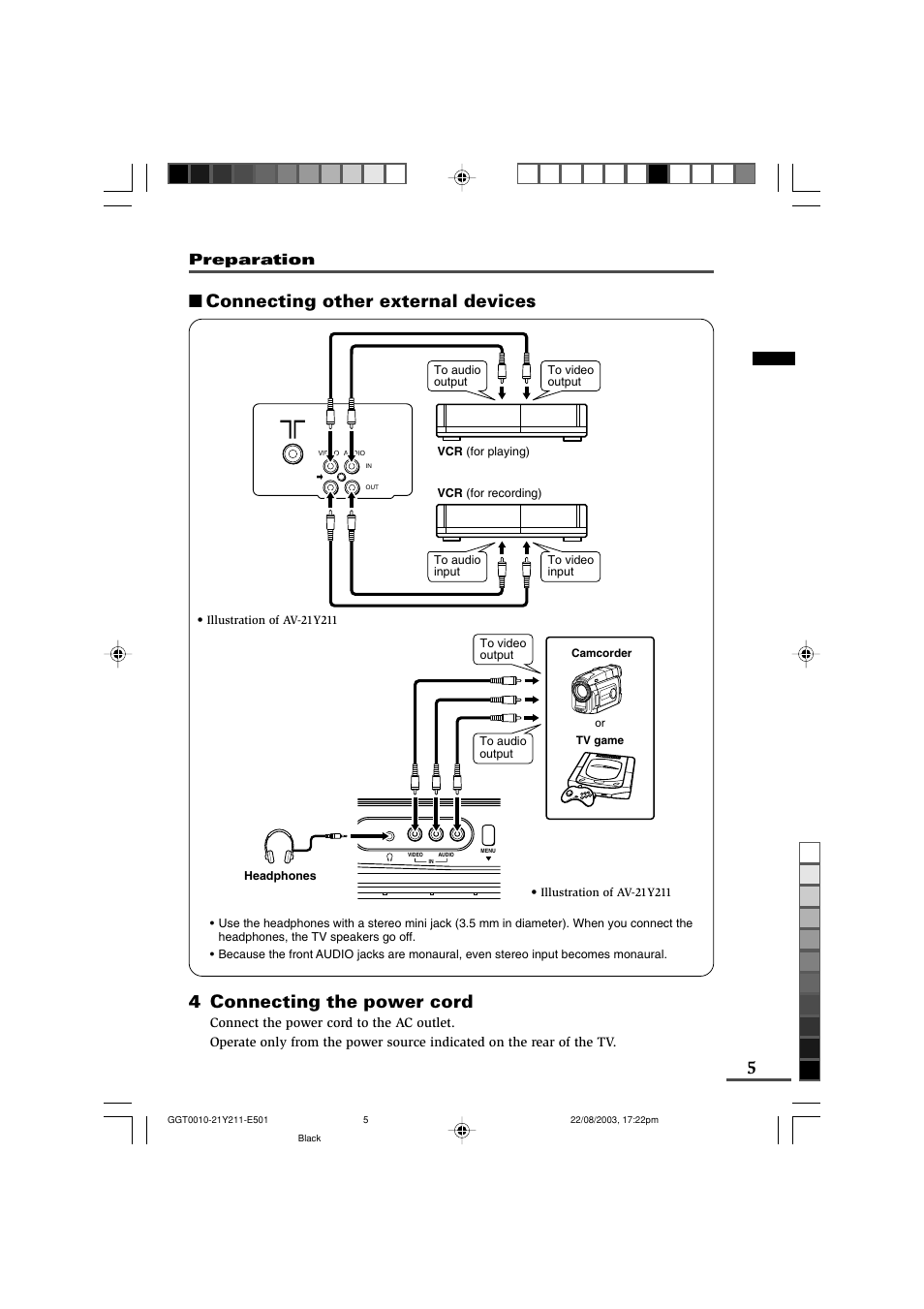 5■ connecting other external devices, 4 connecting the power cord, Preparation | JVC AV-16N211 User Manual | Page 5 / 20
