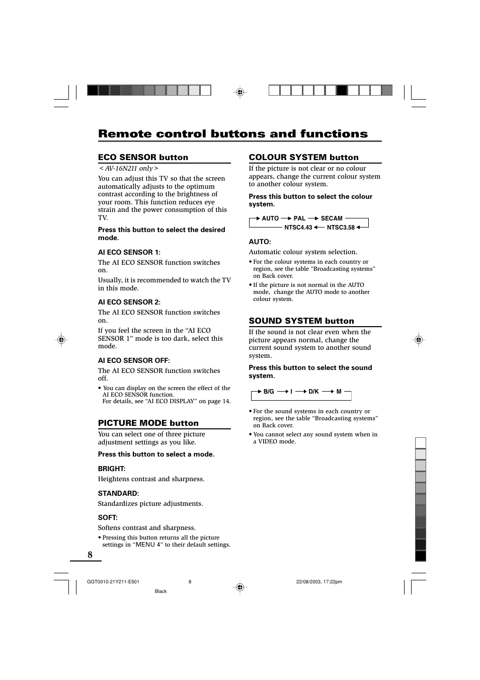 Remote control buttons and functions | JVC AV-16N211 User Manual | Page 8 / 20