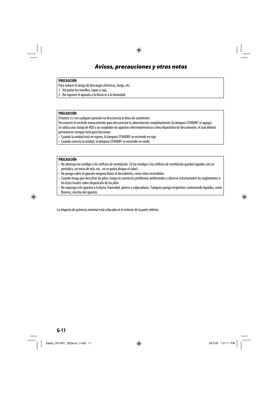 Avisos, precauciones y otras notas, G-11 | JVC XS-SR2 User Manual | Page 12 / 72