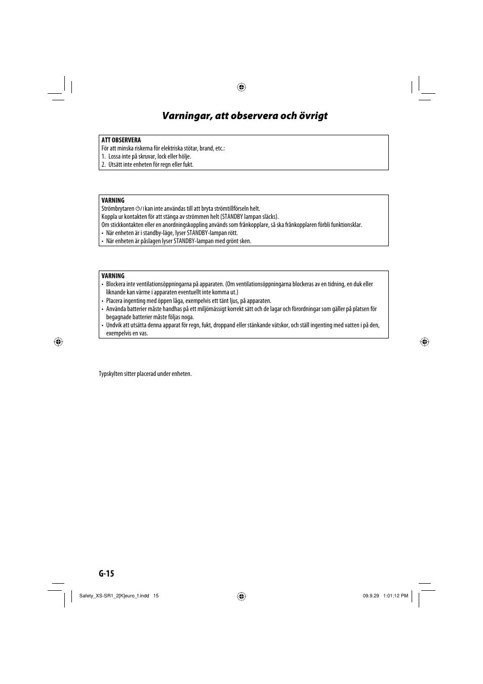 Varningar, att observera och övrigt, G-15 | JVC XS-SR2 User Manual | Page 16 / 72