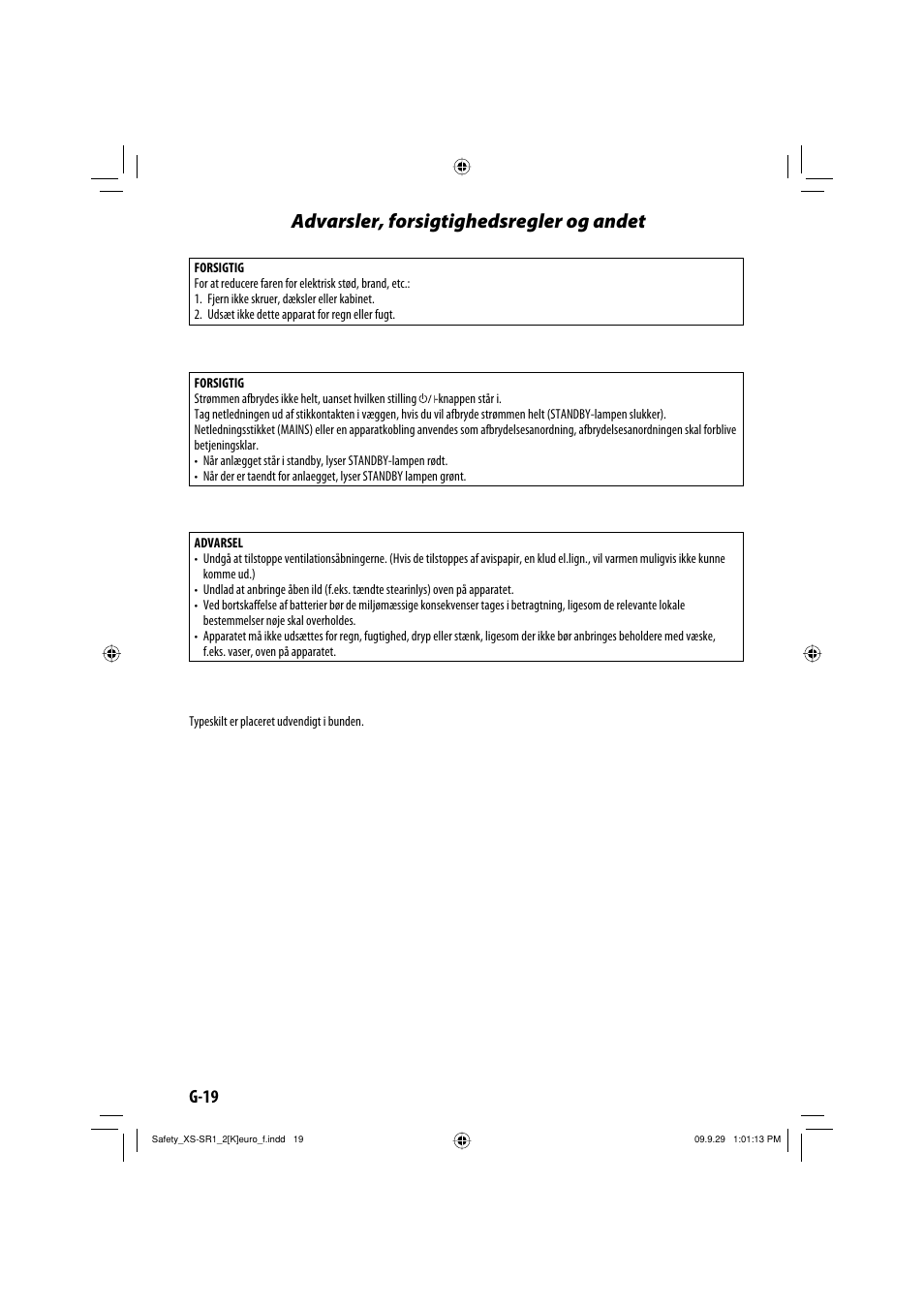 Advarsler, forsigtighedsregler og andet, G-19 | JVC XS-SR2 User Manual | Page 20 / 72