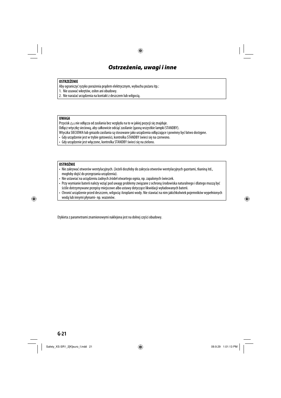 Ostrzeżenia, uwagi i inne, G-21 | JVC XS-SR2 User Manual | Page 22 / 72