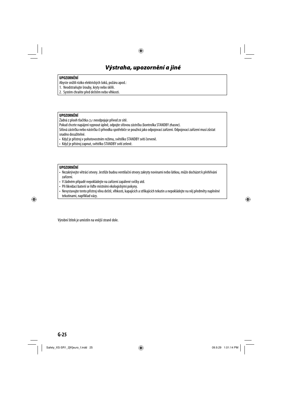 Výstraha, upozornění a jiné, G-25 | JVC XS-SR2 User Manual | Page 26 / 72