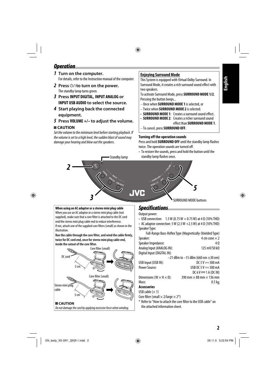 Operation, Specifications | JVC XS-SR2 User Manual | Page 37 / 72