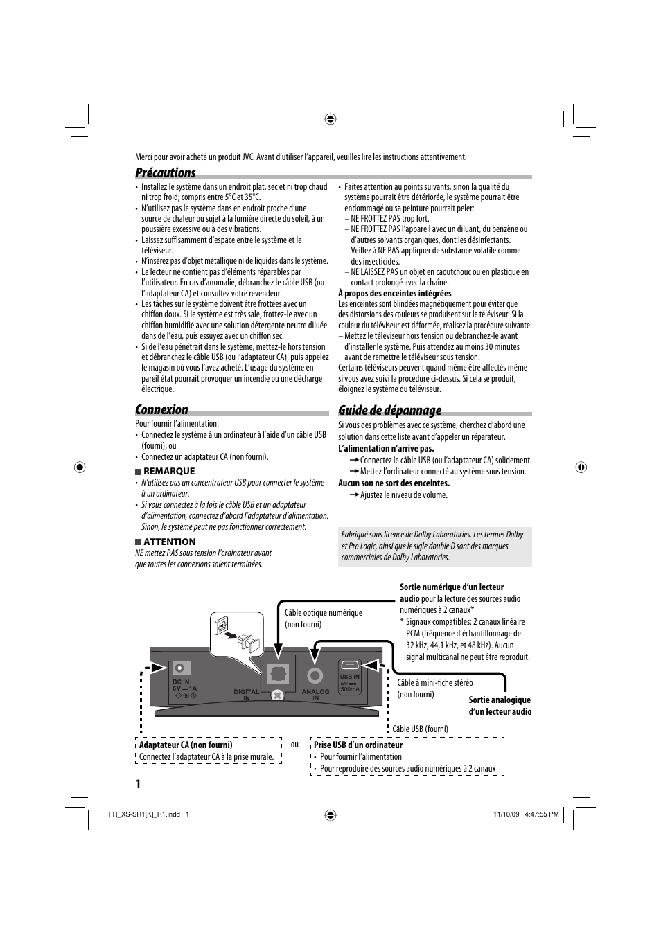 Connexion, Précautions guide de dépannage | JVC XS-SR2 User Manual | Page 40 / 72