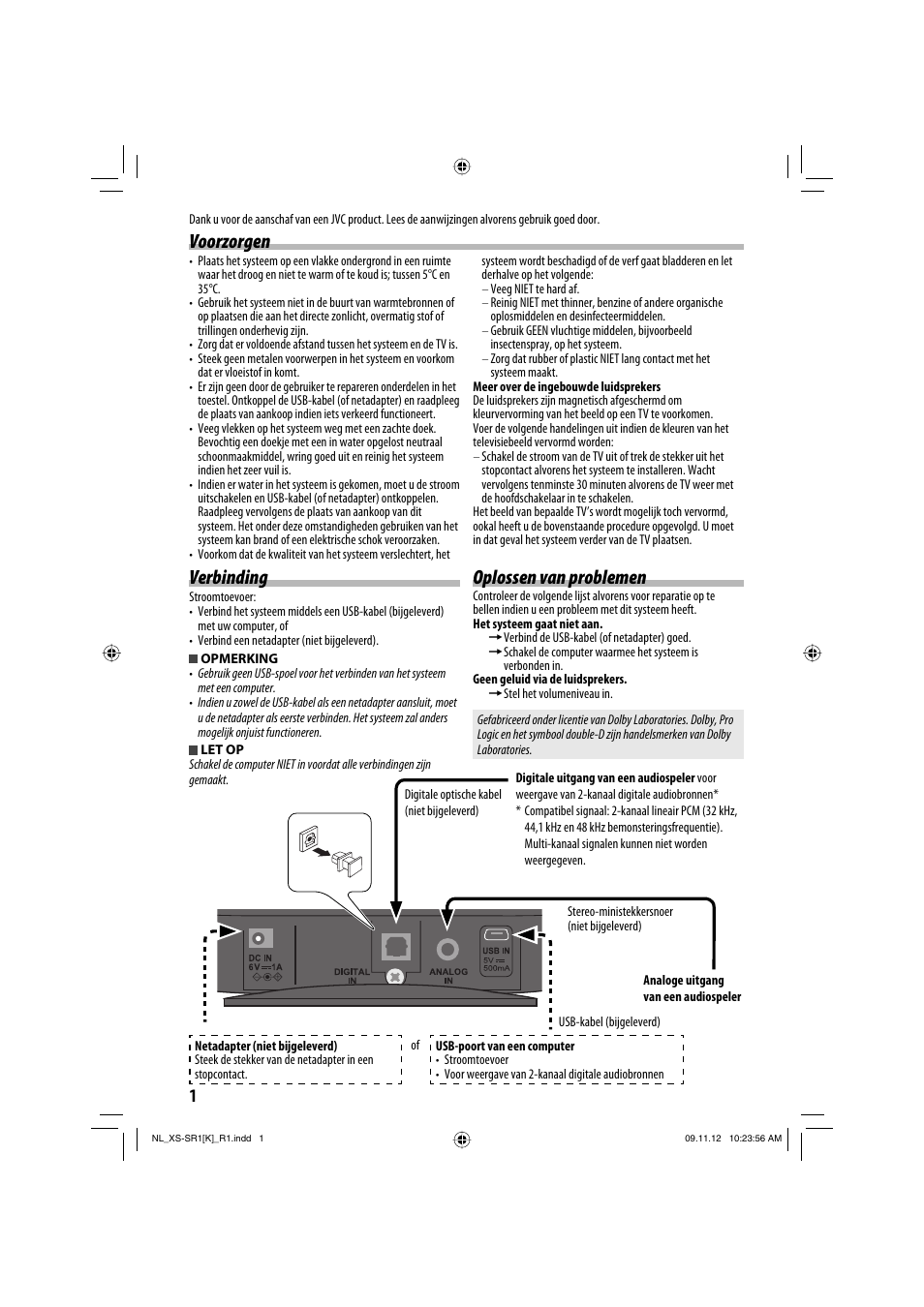 Verbinding, Voorzorgen oplossen van problemen | JVC XS-SR2 User Manual | Page 42 / 72