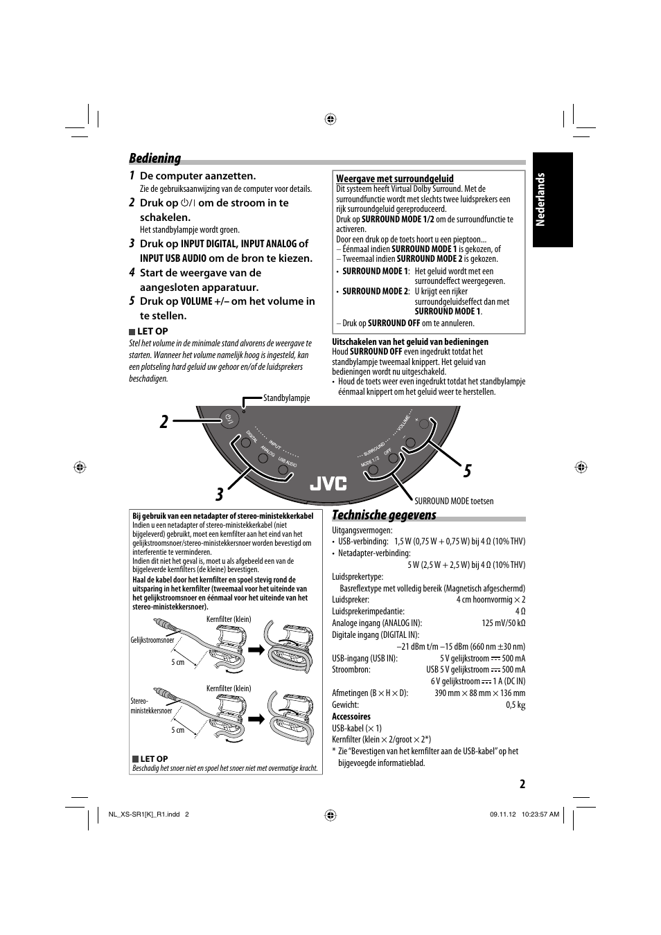 Bediening, Technische gegevens | JVC XS-SR2 User Manual | Page 43 / 72