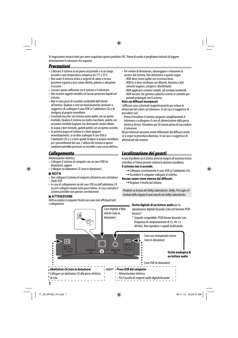 Collegamento, Precauzioni localizzazione dei guasti | JVC XS-SR2 User Manual | Page 44 / 72