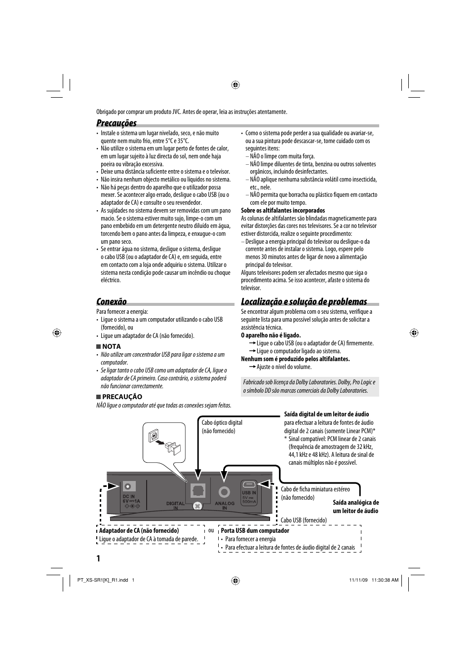 Conexão, Precauções localização e solução de problemas | JVC XS-SR2 User Manual | Page 48 / 72