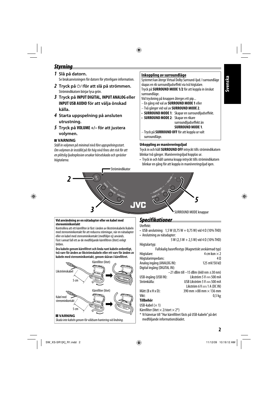 Styrning, Specifikationer | JVC XS-SR2 User Manual | Page 51 / 72