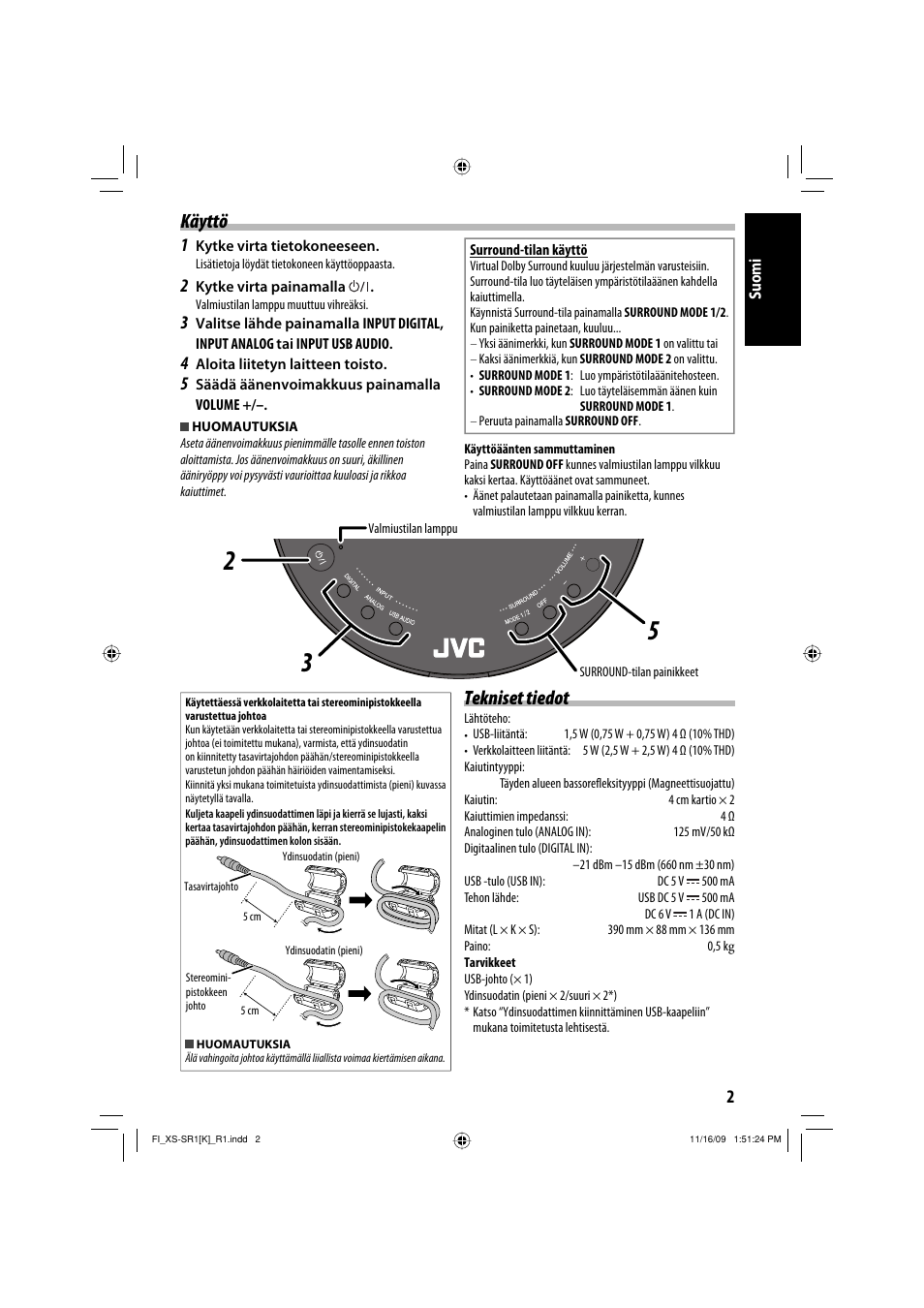 Käyttö, Tekniset tiedot | JVC XS-SR2 User Manual | Page 53 / 72