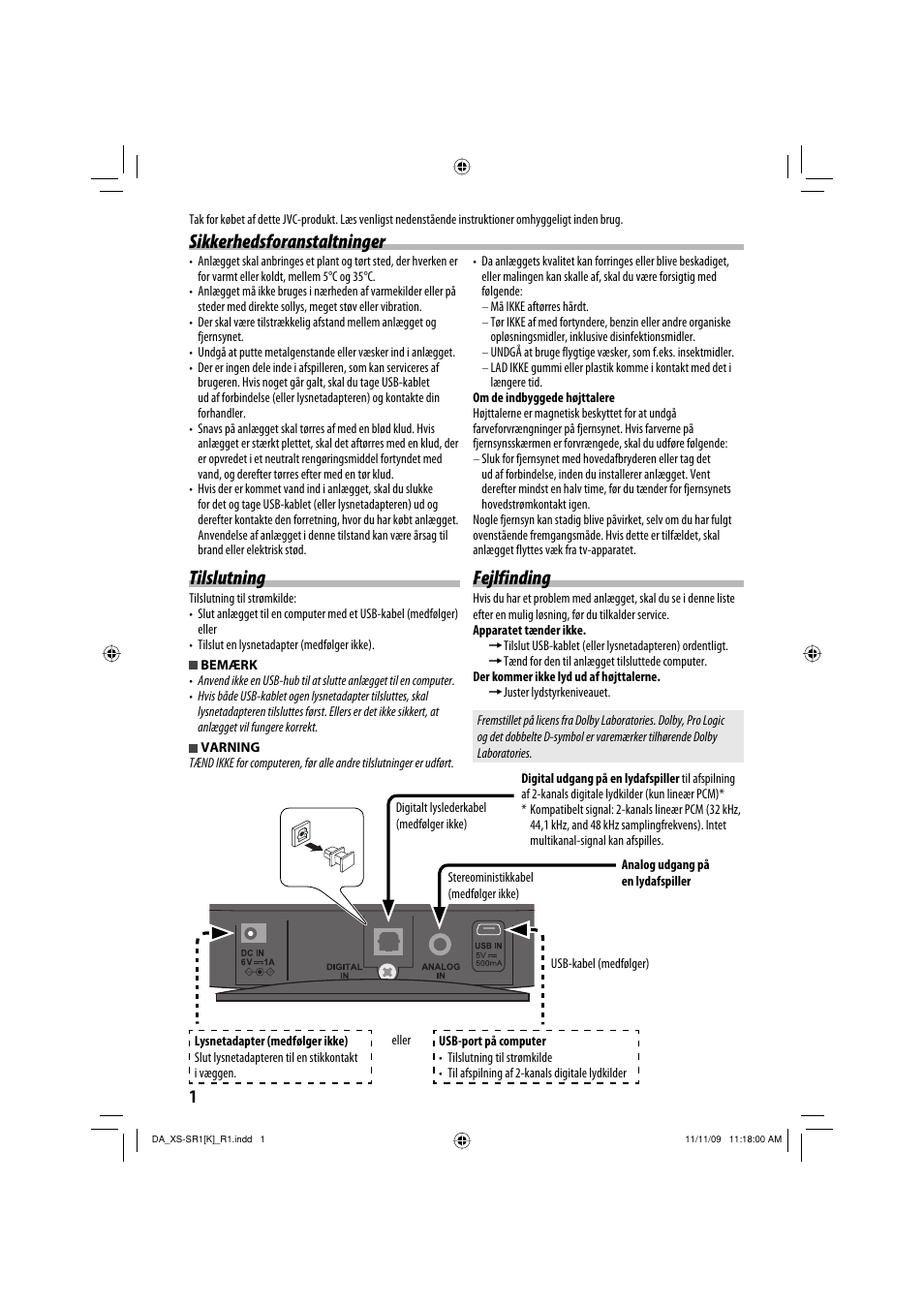 Tilslutning, Sikkerhedsforanstaltninger fejlfinding | JVC XS-SR2 User Manual | Page 54 / 72