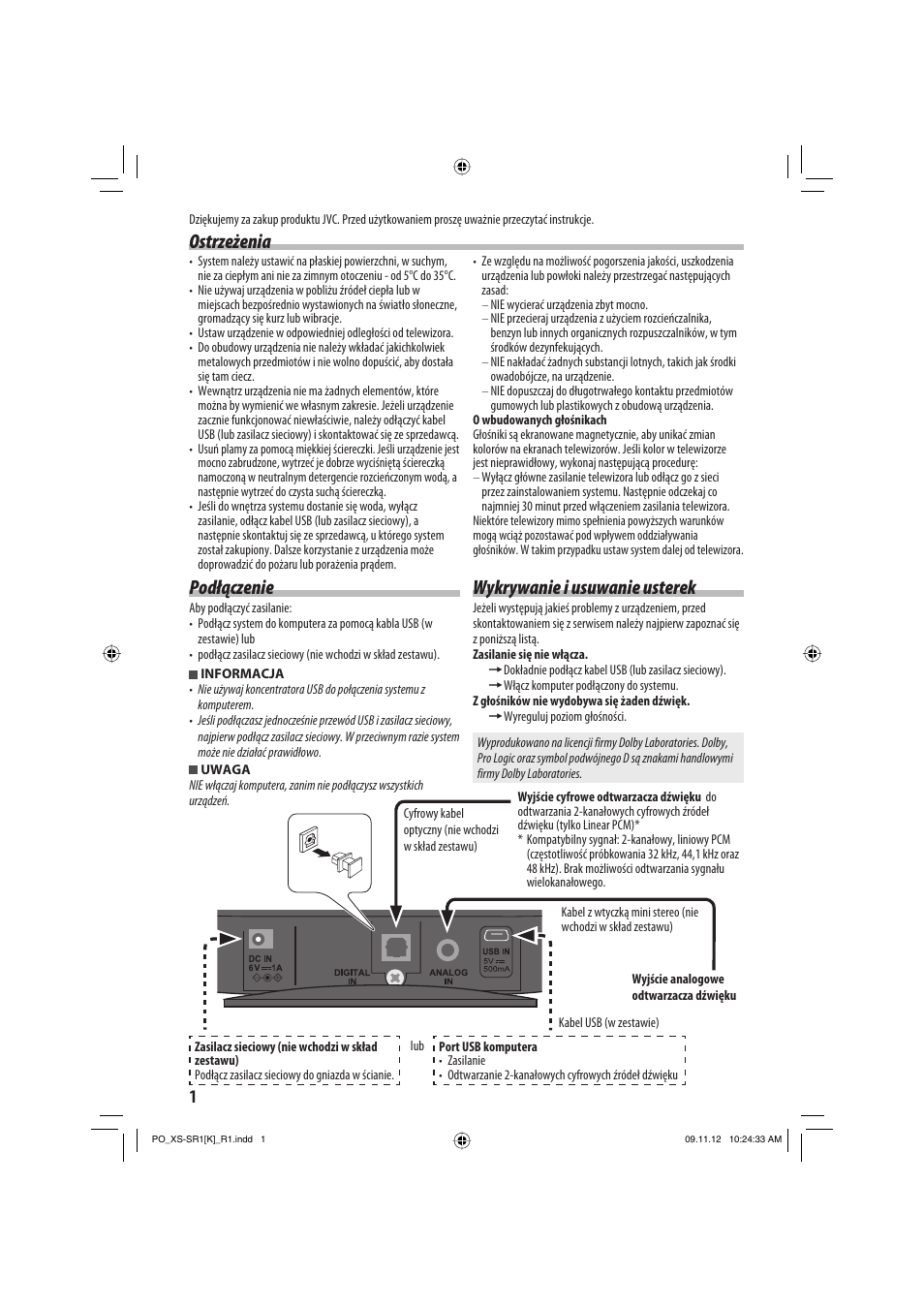 Podłączenie, Ostrzeżenia wykrywanie i usuwanie usterek | JVC XS-SR2 User Manual | Page 56 / 72