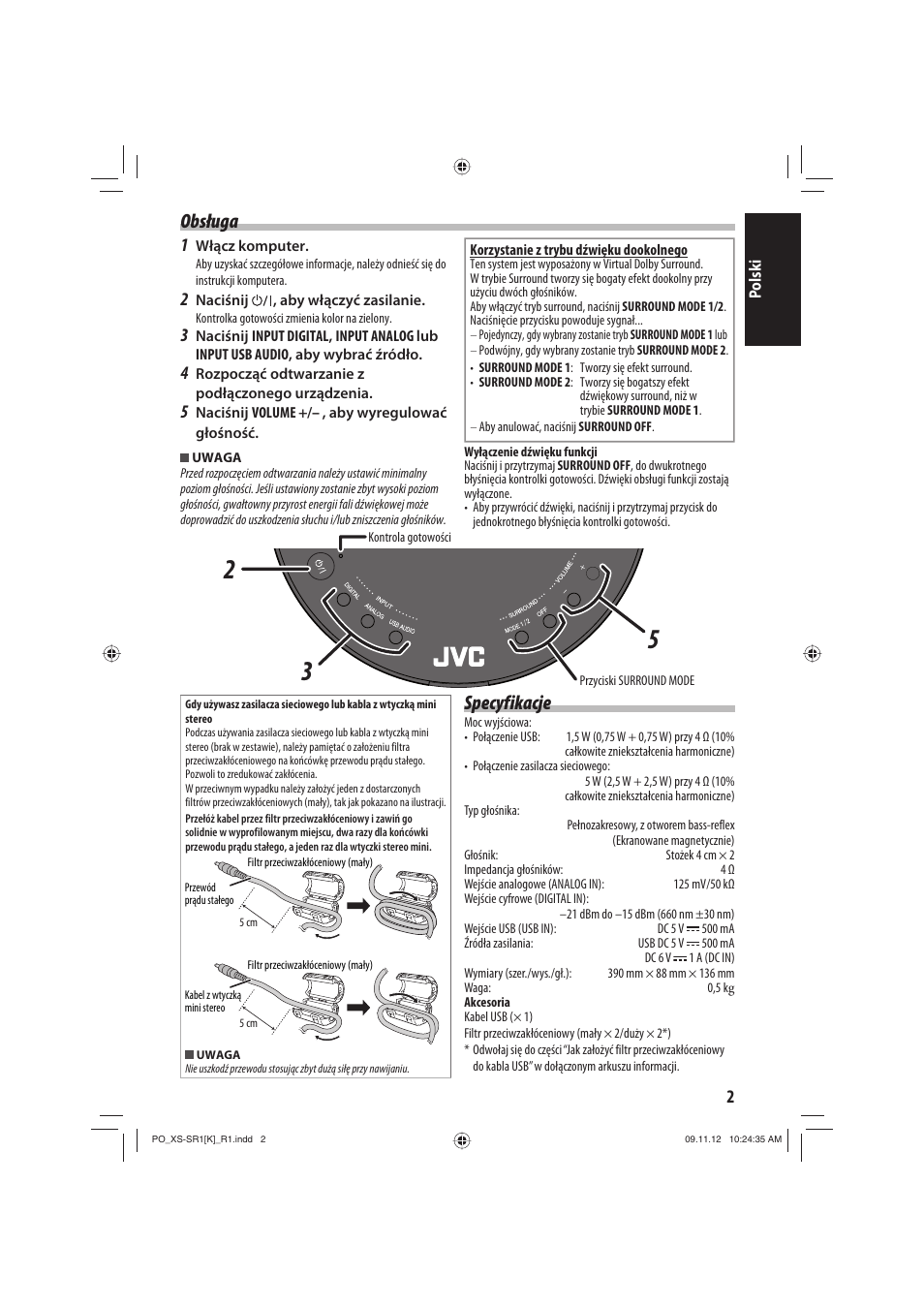 Obsługa, Specyfikacje | JVC XS-SR2 User Manual | Page 57 / 72