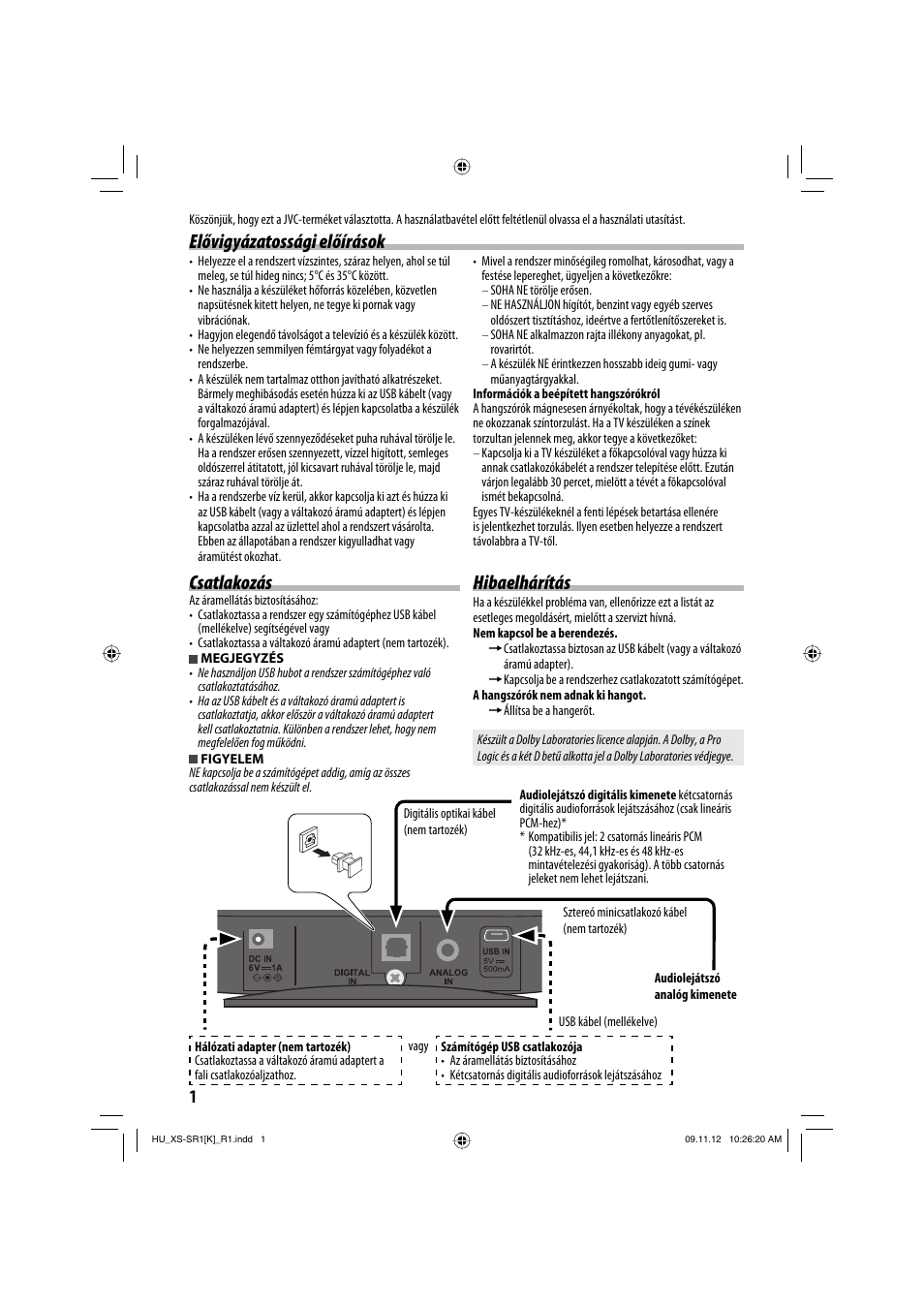 Csatlakozás, Elővigyázatossági előírások hibaelhárítás | JVC XS-SR2 User Manual | Page 58 / 72