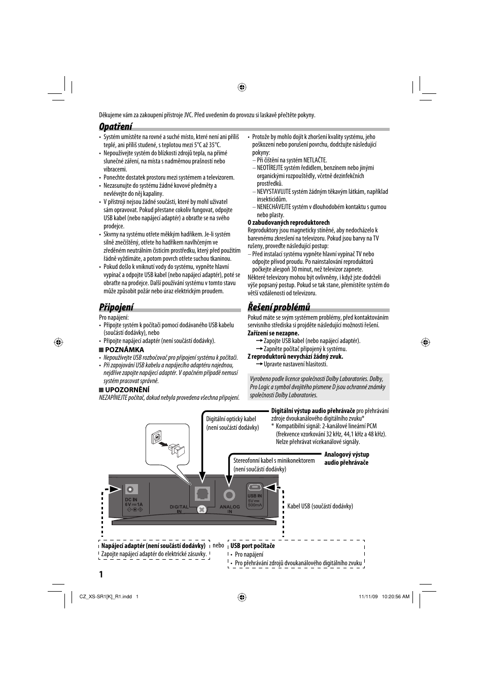 Připojení, Opatření, Řešení problémů | JVC XS-SR2 User Manual | Page 60 / 72