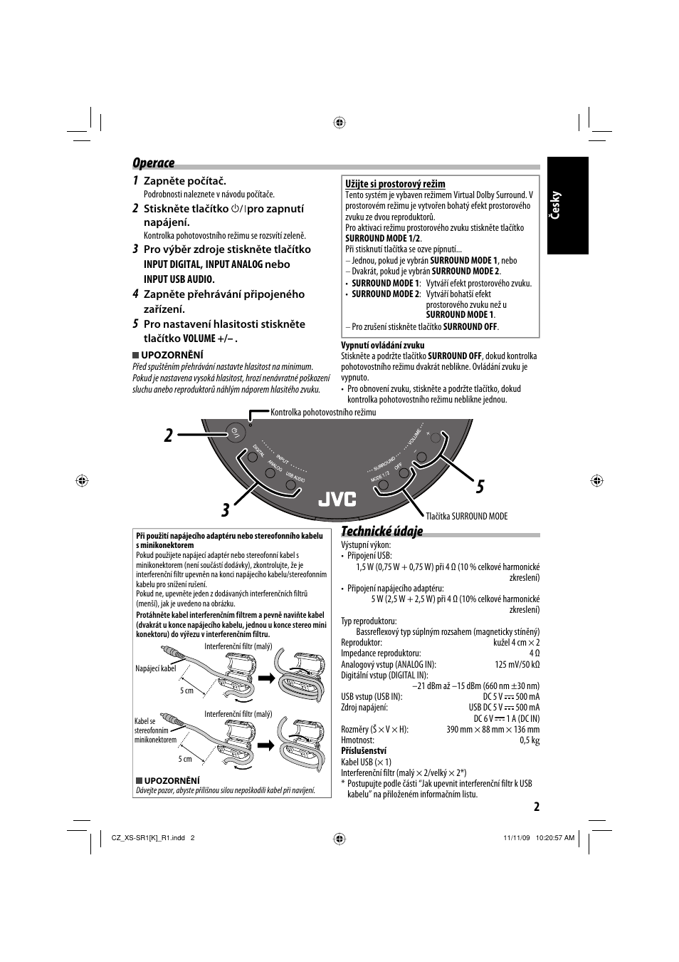 Operace, Technické údaje | JVC XS-SR2 User Manual | Page 61 / 72