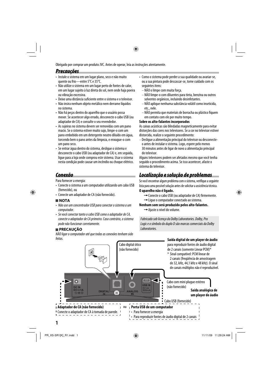 Conexão, Precauções localização e solução de problemas | JVC XS-SR2 User Manual | Page 62 / 72