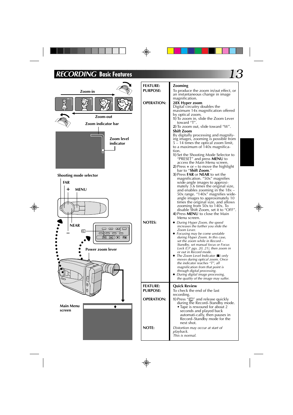 Recording, Basic features | JVC YU30052-572 User Manual | Page 13 / 50