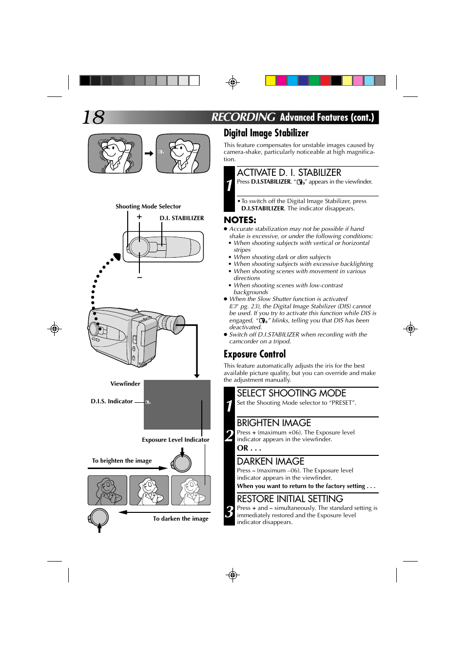 Recording, Advanced features (cont.), Digital image stabilizer | Exposure control, Activate d. i. stabilizer, Select shooting mode, Brighten image, Darken image, Restore initial setting | JVC YU30052-572 User Manual | Page 18 / 50