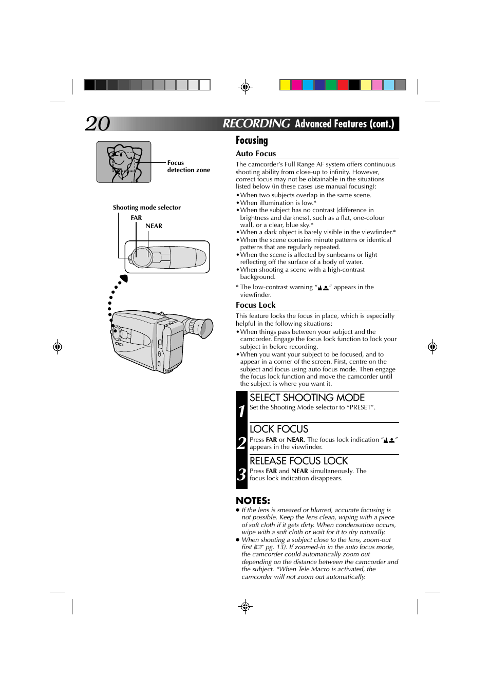 Recording, Advanced features (cont.), Focusing | JVC YU30052-572 User Manual | Page 20 / 50