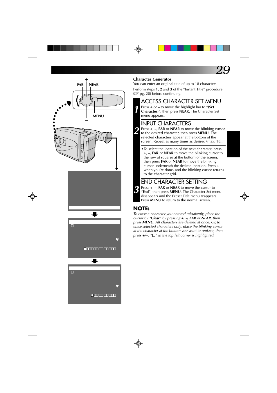 Access character set menu, Input characters, End character setting | JVC YU30052-572 User Manual | Page 29 / 50