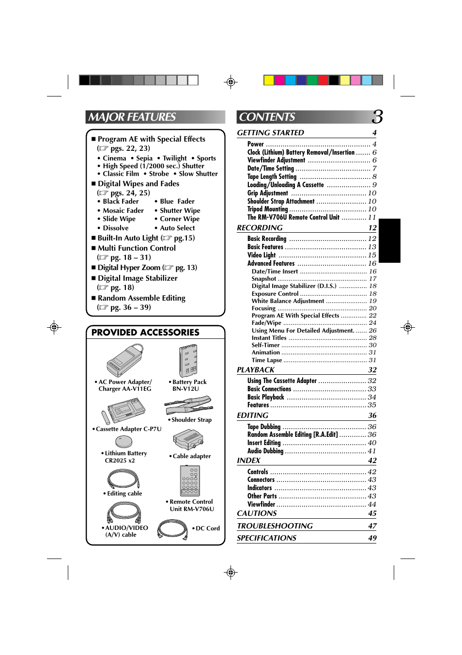 Contents major features | JVC YU30052-572 User Manual | Page 3 / 50