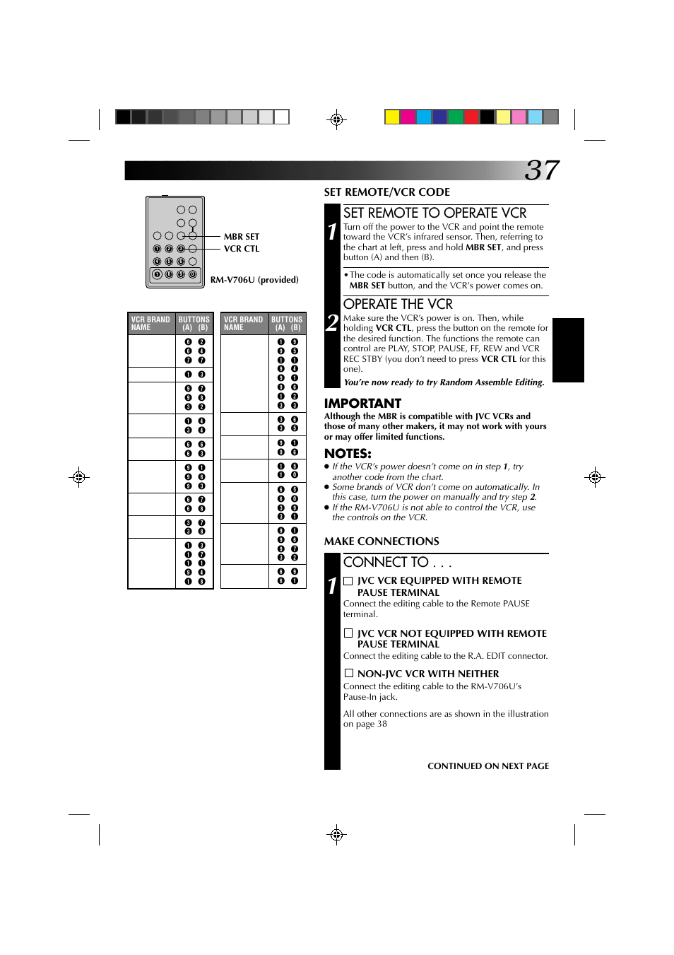 Set remote to operate vcr, Operate the vcr, Connect to | Important, Set remote/vcr code, Make connections | JVC YU30052-572 User Manual | Page 37 / 50
