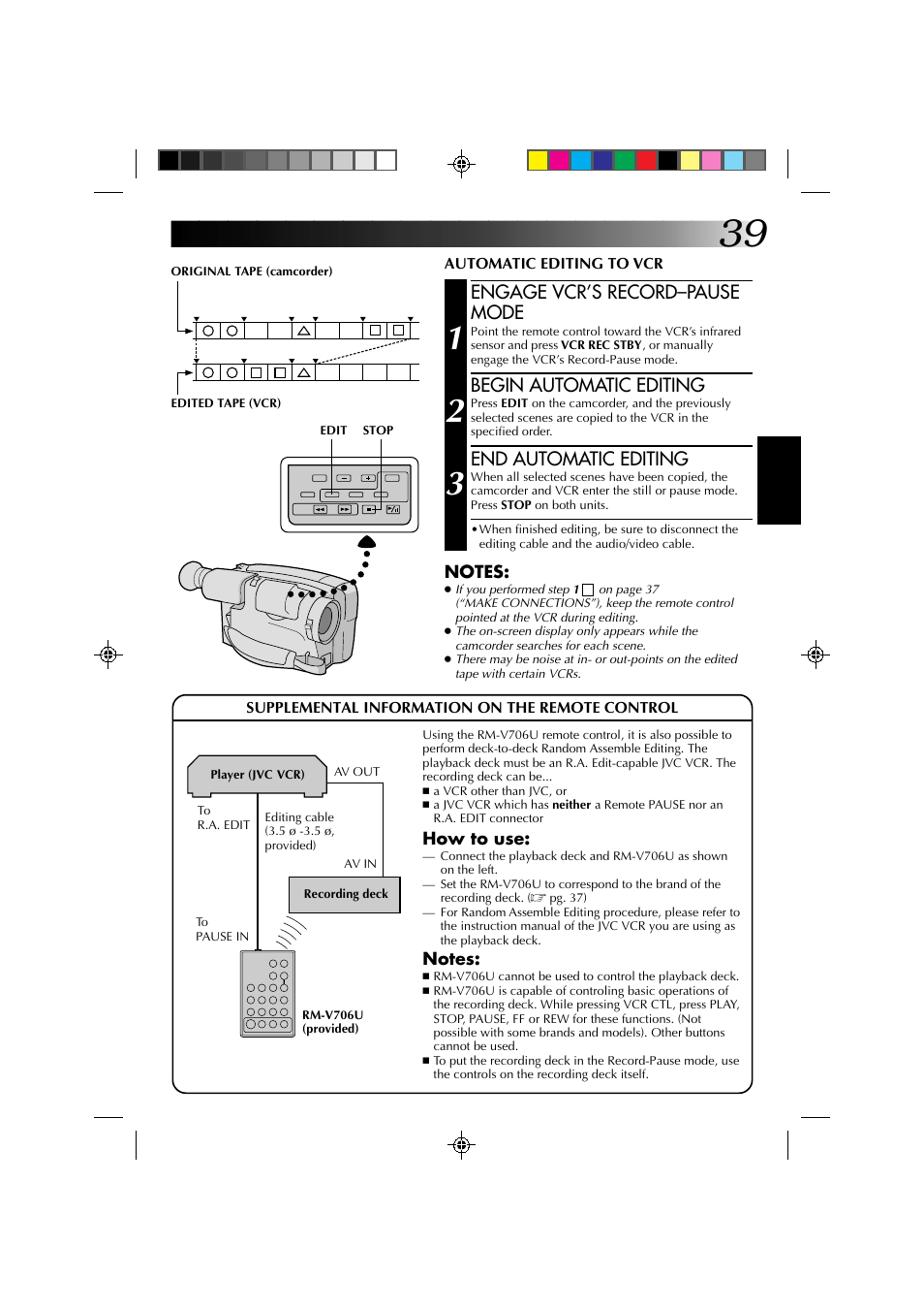 Engage vcr’s record–pause mode, Begin automatic editing, End automatic editing | JVC YU30052-572 User Manual | Page 39 / 50