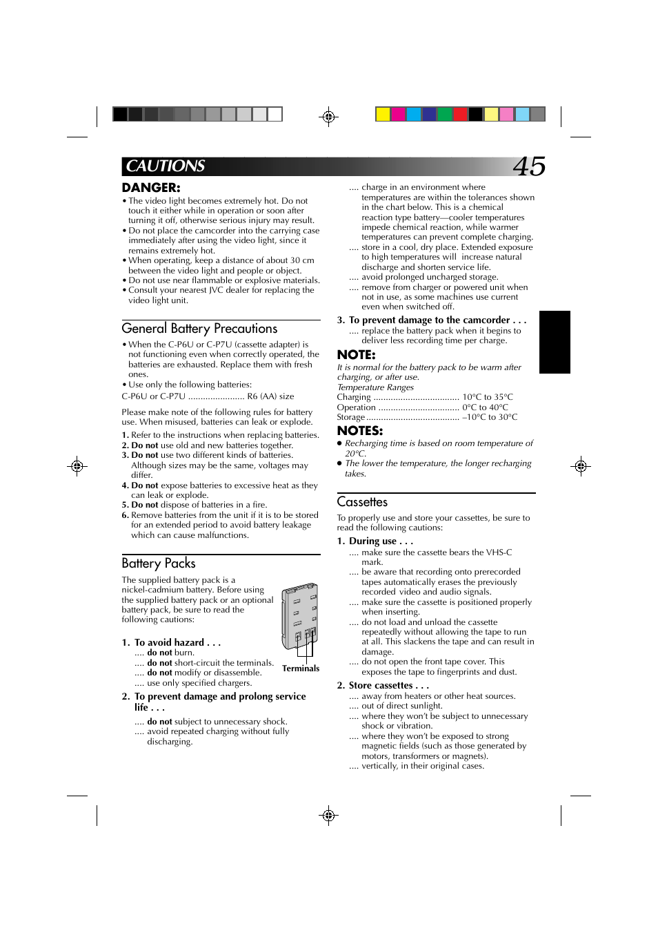 Cautions, General battery precautions, Battery packs | Cassettes, Danger | JVC YU30052-572 User Manual | Page 45 / 50