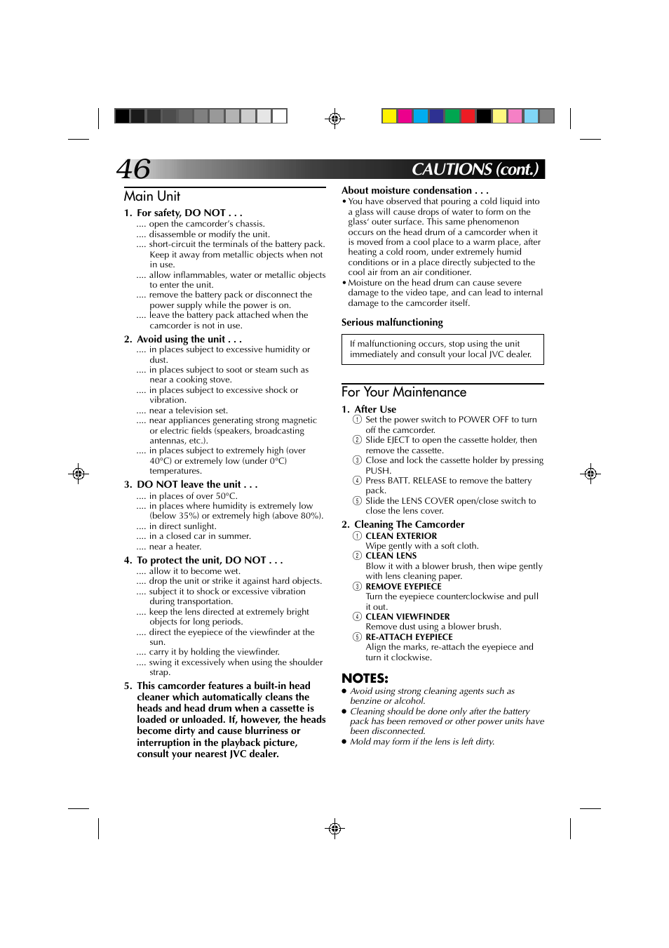 Cautions (cont.), Main unit, For your maintenance | JVC YU30052-572 User Manual | Page 46 / 50