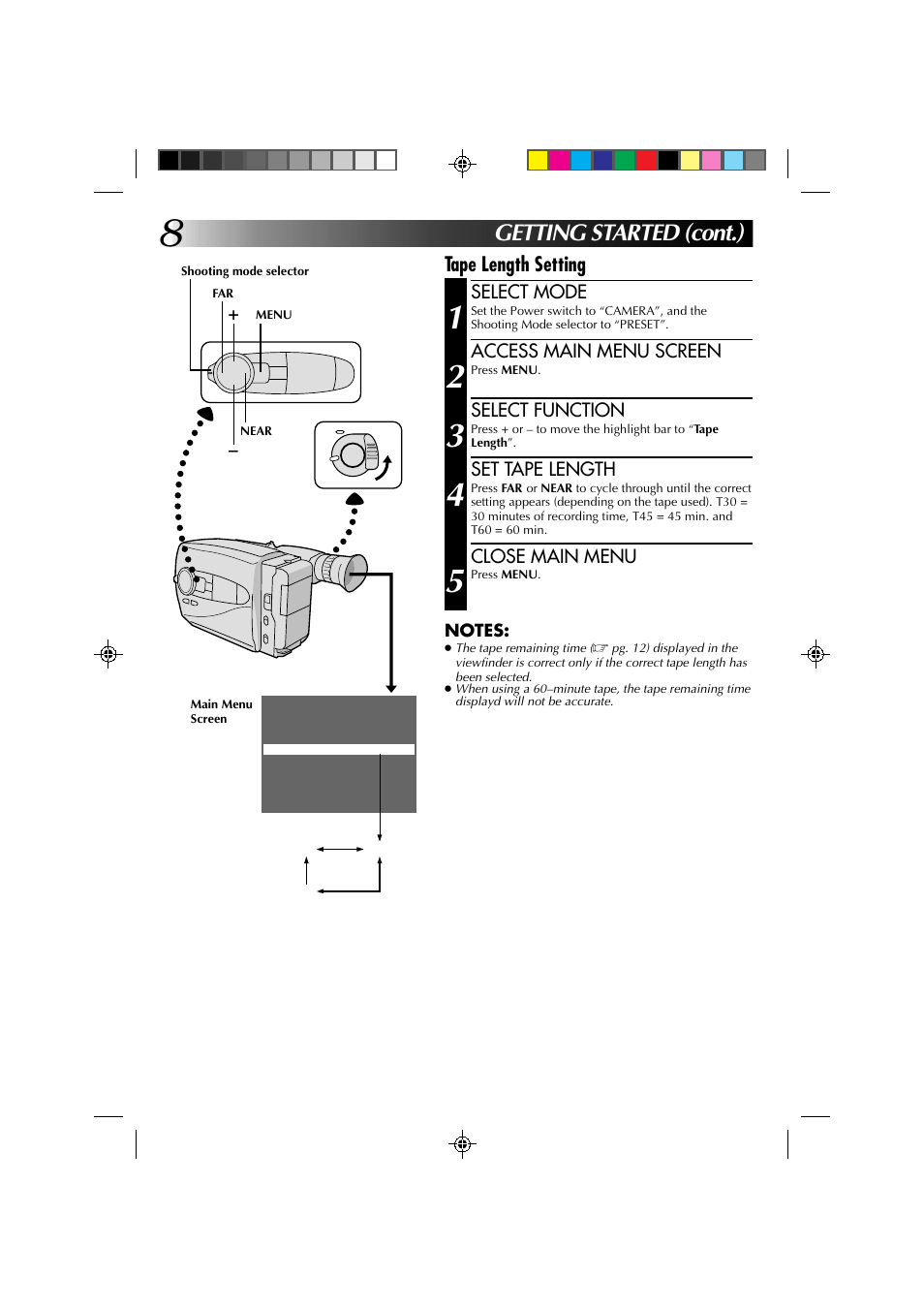 Getting started (cont.), Tape length setting | JVC YU30052-572 User Manual | Page 8 / 50